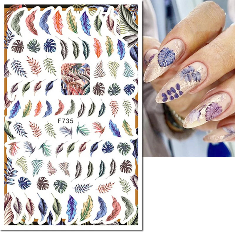 3D Nail Sticker – Tropische Blätter & Linien Design Schwarz & Weiß