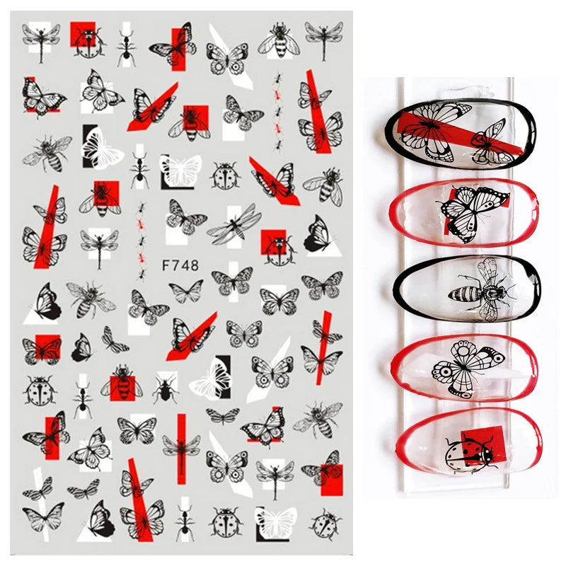 3D Nail Sticker – Tropische Blätter & Linien Design Schwarz & Weiß