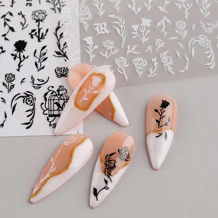 1PCS New 3D Devil's Eye Snake Nail Stickers Nail Art Decoration Black White Flowers Leaves Sticker Nail Art Decals Nail Parts