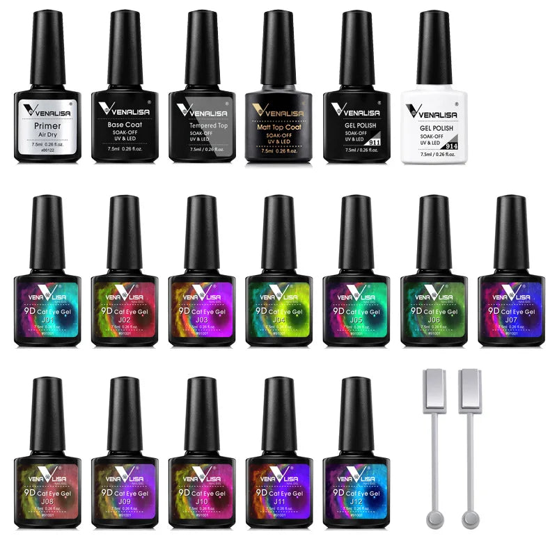 Venalisa Cat Eye Gel Set – 20x 7,5 ml – Magnetischer 9D-Effekt + Zubehör