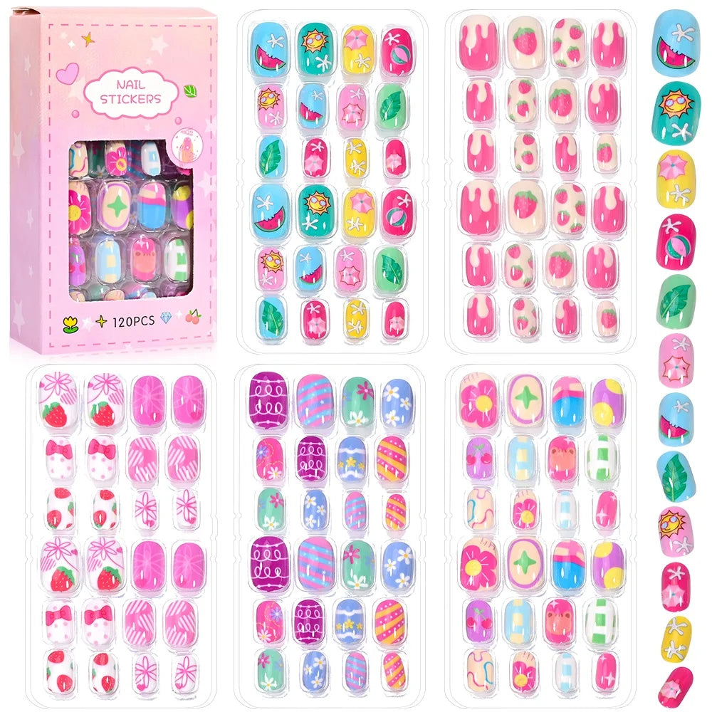 Kinder Press-On Nägel – 5er Set (120 Stück) | Bunt & Süßigkeiten-Design