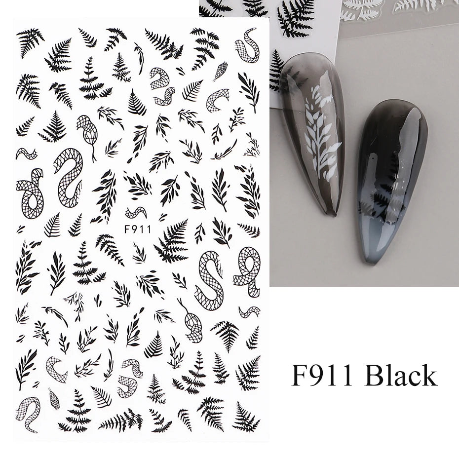 1PCS New 3D Devil's Eye Snake Nail Stickers Nail Art Decoration Black White Flowers Leaves Sticker Nail Art Decals Nail Parts