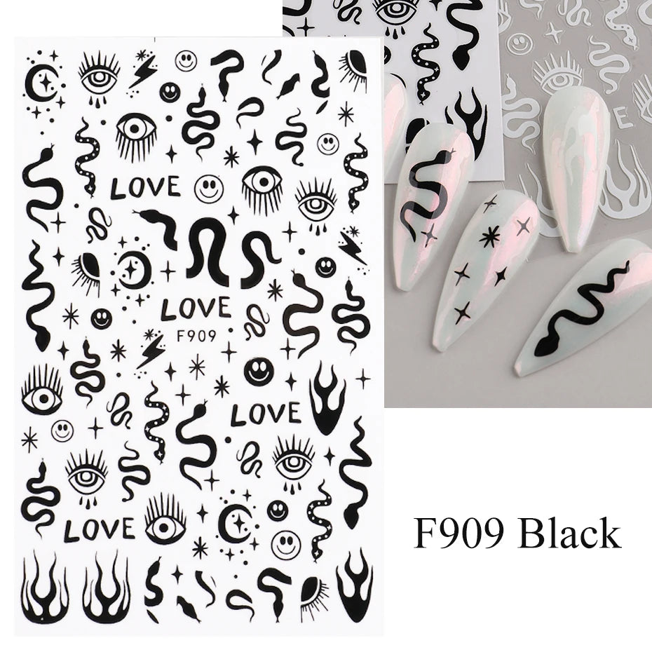 1PCS New 3D Devil's Eye Snake Nail Stickers Nail Art Decoration Black White Flowers Leaves Sticker Nail Art Decals Nail Parts