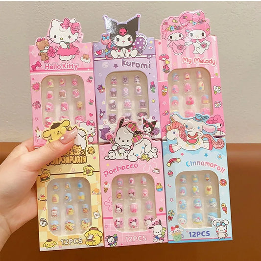 Sanrio Kinder Press-On Nägel – 12 Stück, Hello Kitty, Kuromi, Cartoon Design