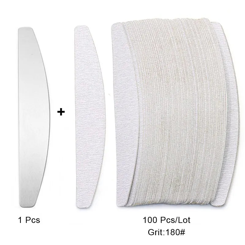100er Set Ersatzfeilen Halbmond – 80/100/180/240 Grit mit Metallgriff | Nagelfeilen Aufsätze für Maniküre