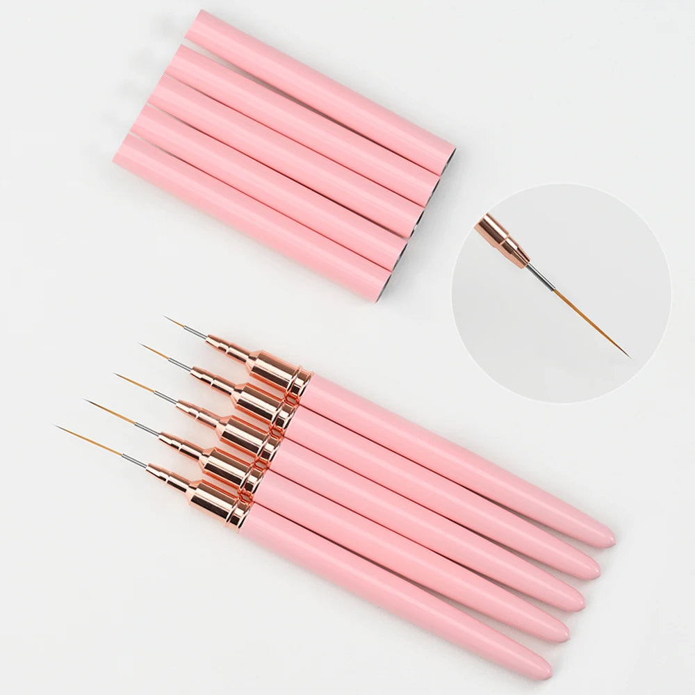 5er-Set Nail Art Liner Pinsel – Rosa, ultrafein für French & Linien (7/10/12/15/20mm)