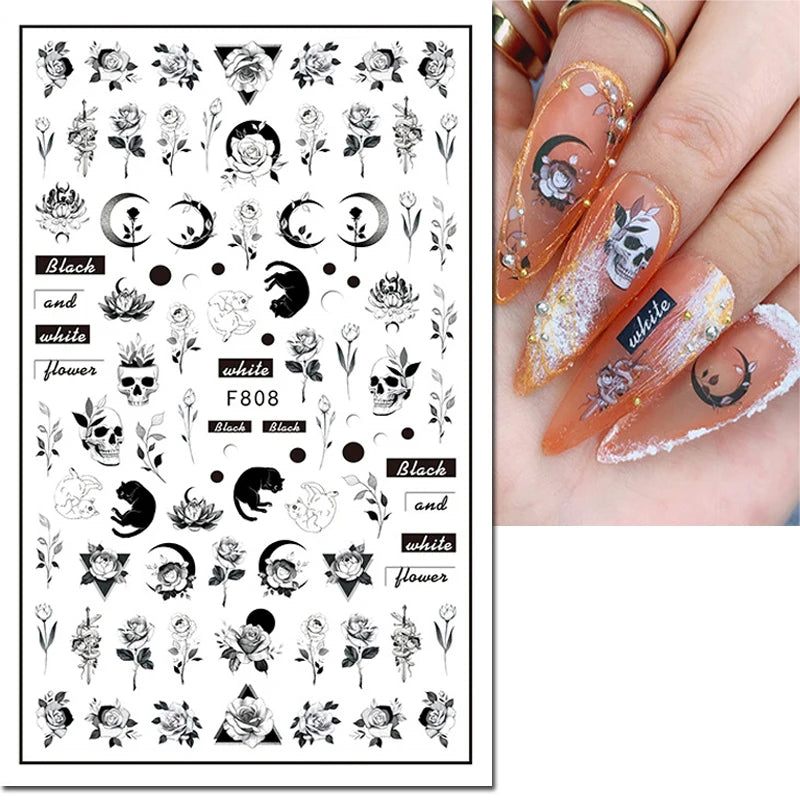 3D Nail Sticker – Tropische Blätter & Linien Design Schwarz & Weiß