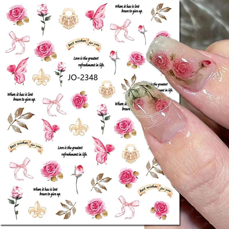 3D Nagelsticker Weißer Pflaumenblüten mit Goldperlen & Schmetterlingen