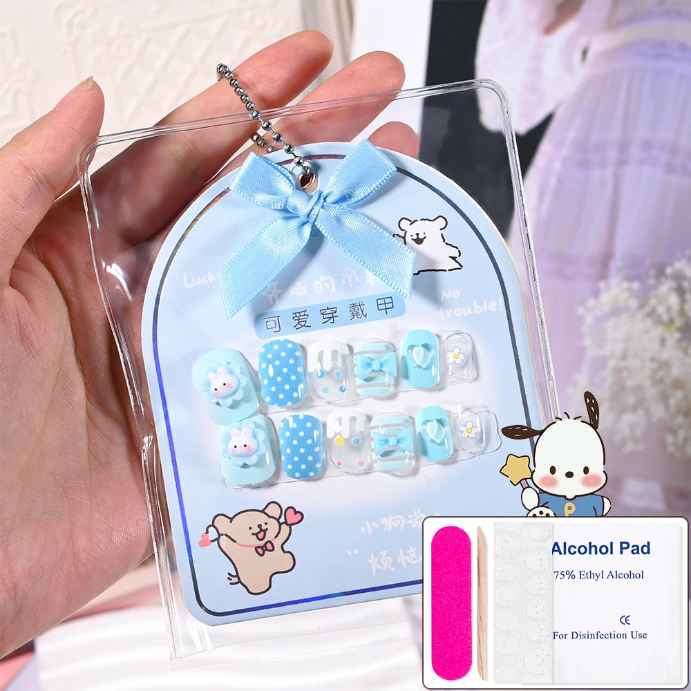 Sanrio Kinder Press-On Nägel – 12 Stück, Hello Kitty, Kuromi, Cartoon Design