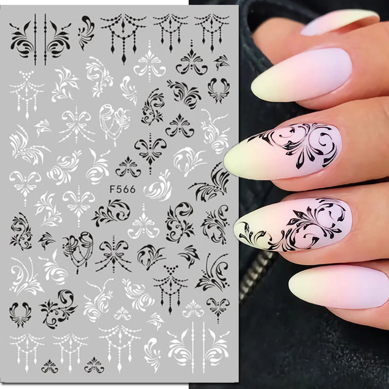3D Nail Sticker – Tropische Blätter & Linien Design Schwarz & Weiß