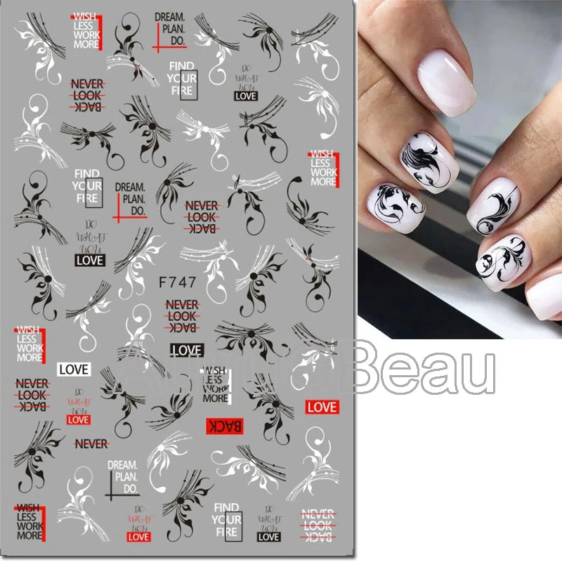 3D Nail Sticker – Tropische Blätter & Linien Design Schwarz & Weiß