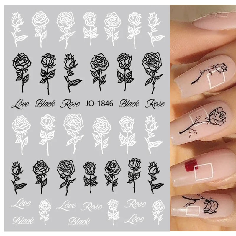 1PCS New 3D Devil's Eye Snake Nail Stickers Nail Art Decoration Black White Flowers Leaves Sticker Nail Art Decals Nail Parts