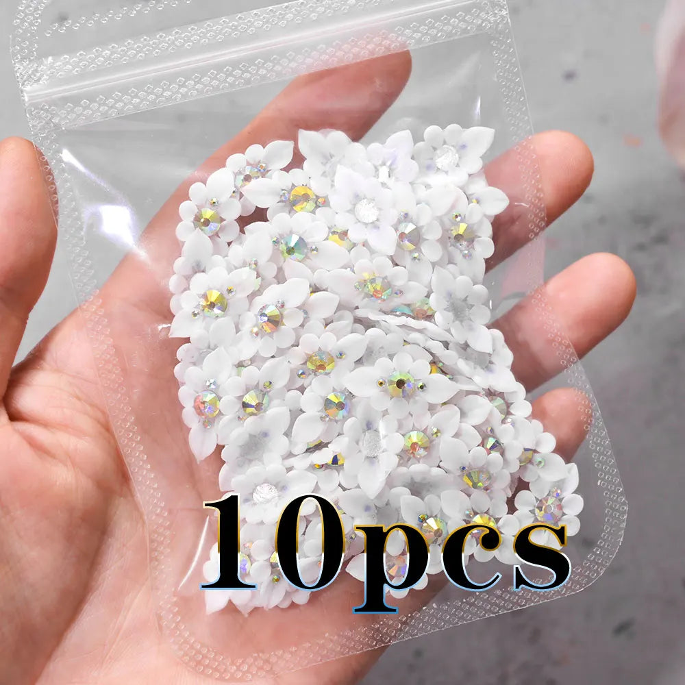 3D Acryl-Blumen Weiß – Nail Art Deko Set (10/12 Stück) mit Strass