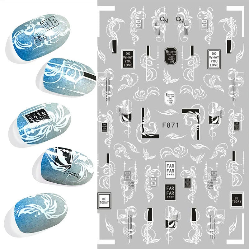 3D Nail Sticker – Tropische Blätter & Linien Design Schwarz & Weiß