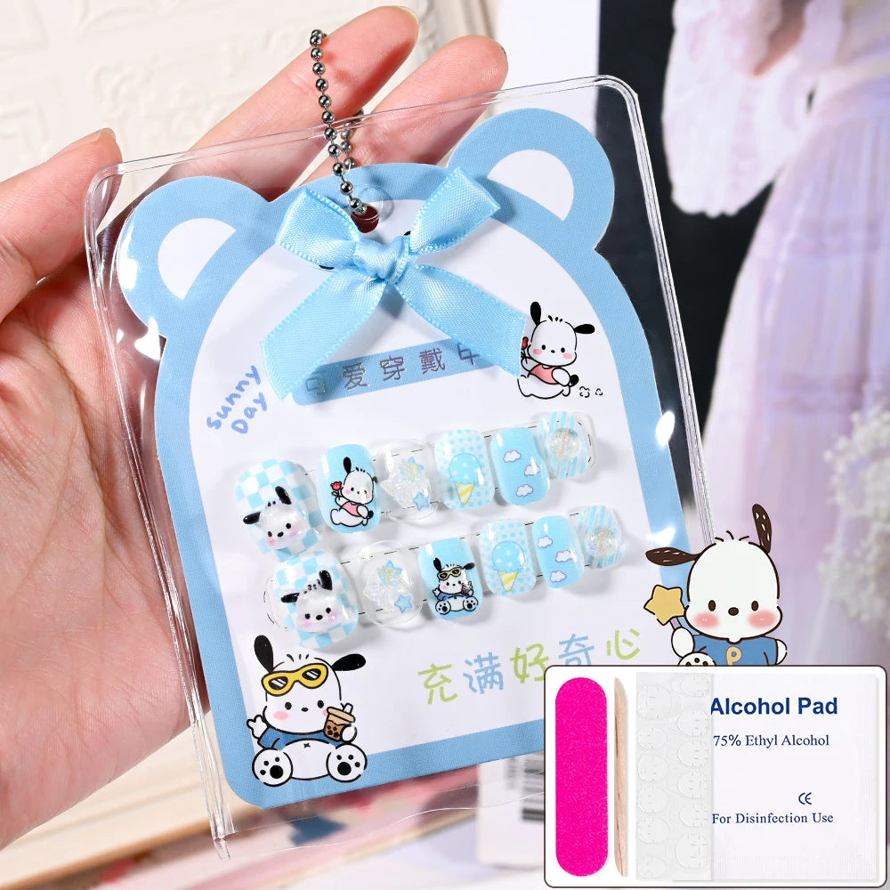 Sanrio Kinder Press-On Nägel – 12 Stück, Hello Kitty, Kuromi, Cartoon Design