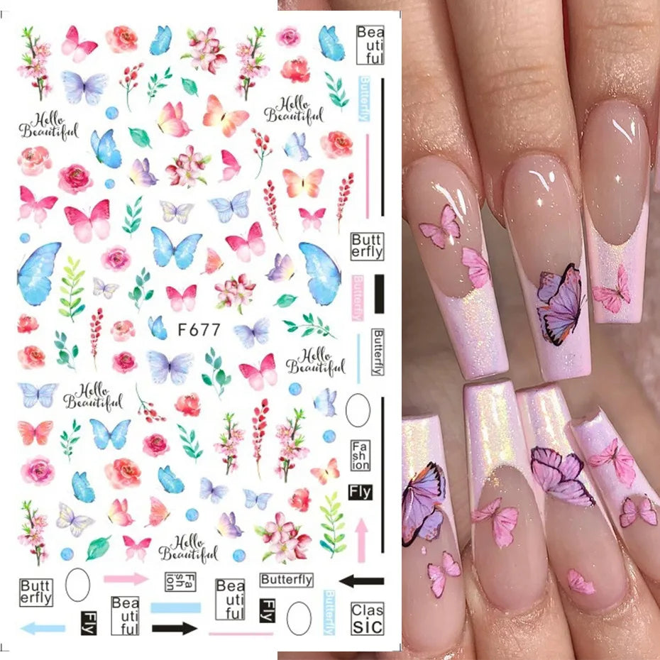 3D Nagelsticker Weißer Pflaumenblüten mit Goldperlen & Schmetterlingen 2.
