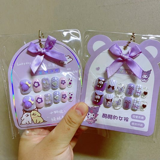 12pcs MINISO Children Press on False Nails Y2k Kawaii Cartoon Design Fake Nails Short Sqare Detachable Manicure Girls Gifts #DGL