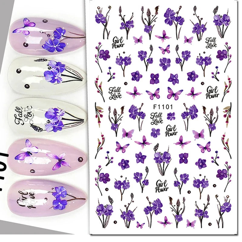 3d Nail Art Stickers Purple Lavenders Bunch Flowers Girls Rabbits Butterflys Decals For Nails Tips Decorations Manicures