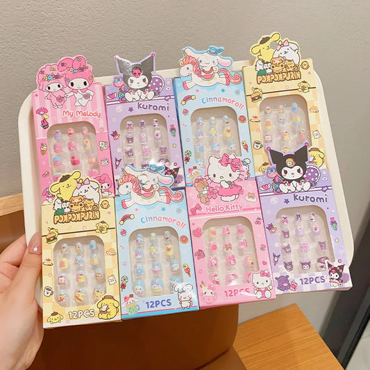 Sanrio Kinder Press-On Nägel – 12 Stück, Hello Kitty, Kuromi, Cartoon Design