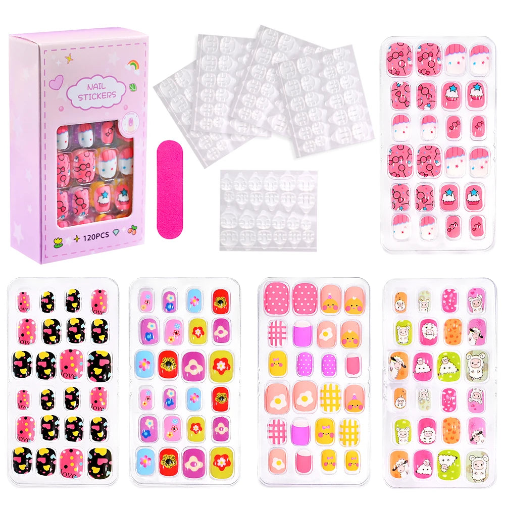 Kinder Press-On Nägel – 120 Stück Pink | Einhorn, Katze, Hase & Cartoon-Design