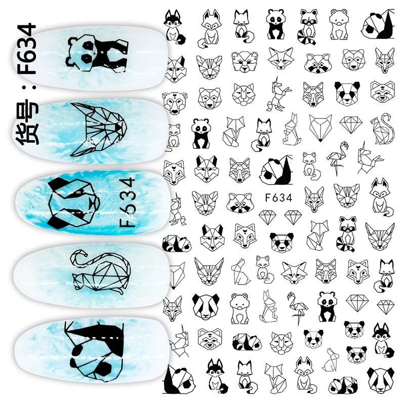 3D Nail Sticker – Tropische Blätter & Linien Design Schwarz & Weiß