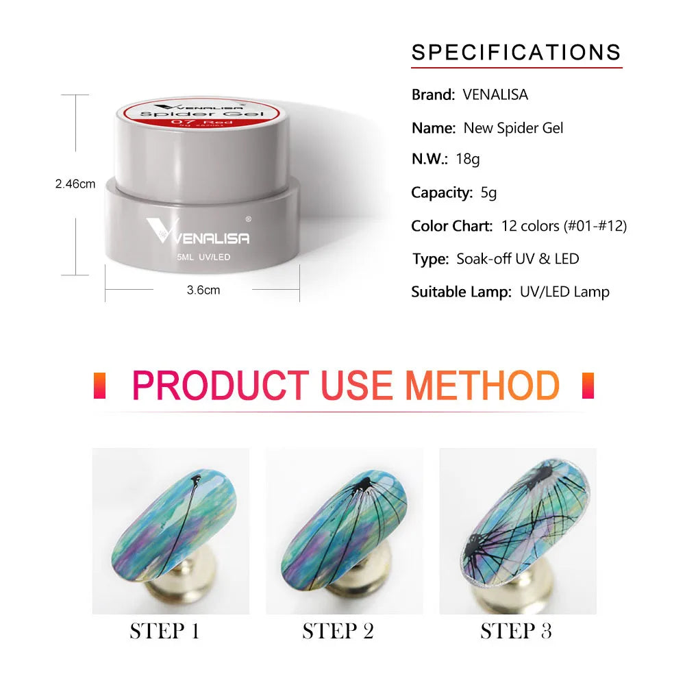 Venalisa Spider Gel – 8ml UV/LED Gel für Nail Art, 12 Farben
