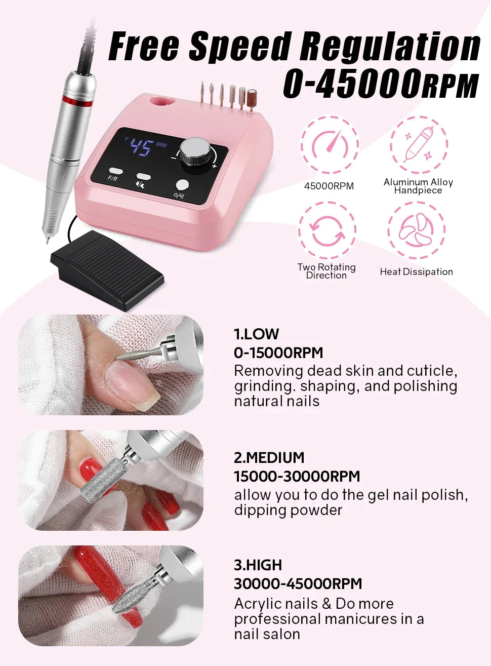 Profi Nagelfräse 45000 U/min – 30 W, LCD-Display & Aufsätze für Maniküre