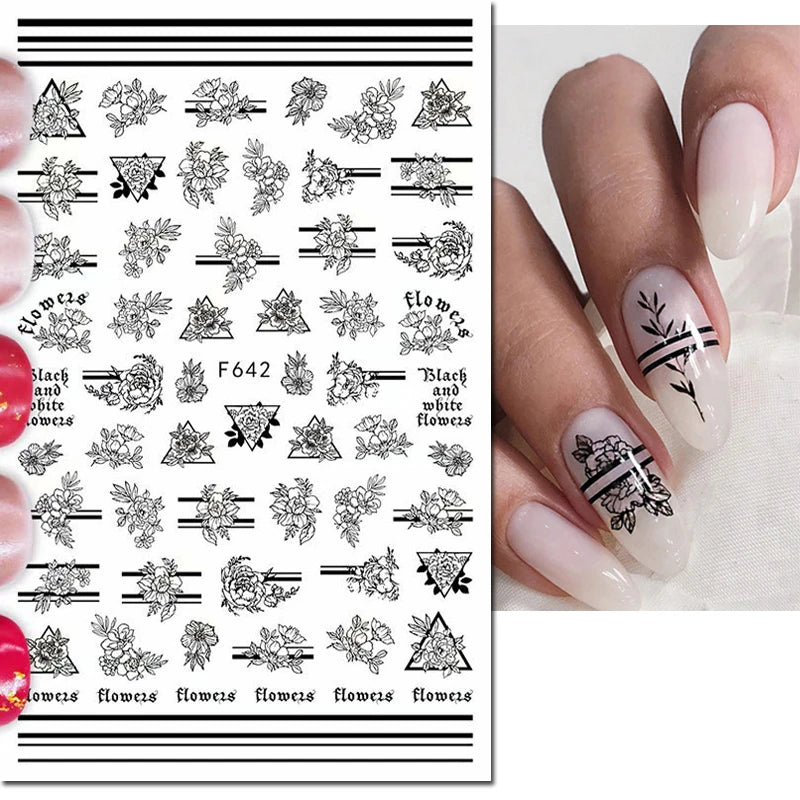 3D Nail Sticker – Tropische Blätter & Linien Design Schwarz & Weiß