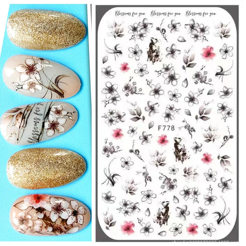 3D Nail Sticker – Tropische Blätter & Linien Design Schwarz & Weiß