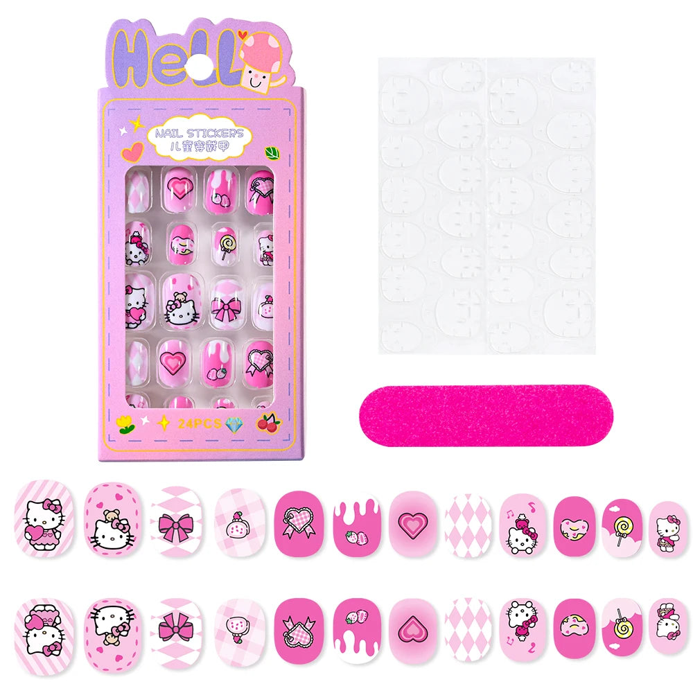 12pcs MINISO Children Press on False Nails Y2k Kawaii Cartoon Design Fake Nails Short Sqare Detachable Manicure Girls Gifts #DGL