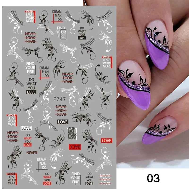 1PCS New 3D Devil's Eye Snake Nail Stickers Nail Art Decoration Black White Flowers Leaves Sticker Nail Art Decals Nail Parts