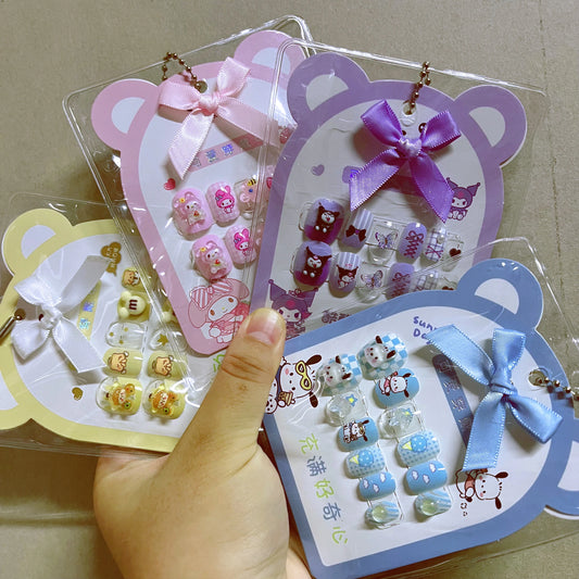 12pcs MINISO Children Press on False Nails Y2k Kawaii Cartoon Design Fake Nails Short Sqare Detachable Manicure Girls Gifts #DGL