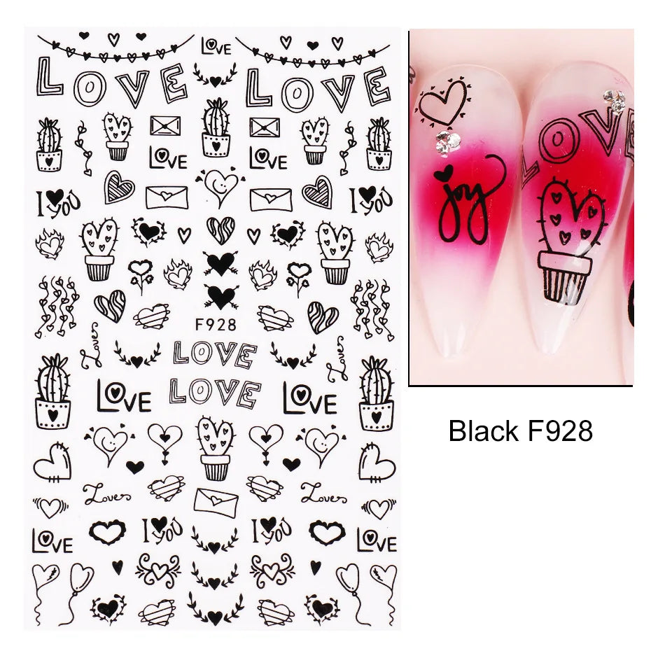 Love & Heart Valentine's Day Nail Stickers – Schwarz Weiß 3D Aufkleber