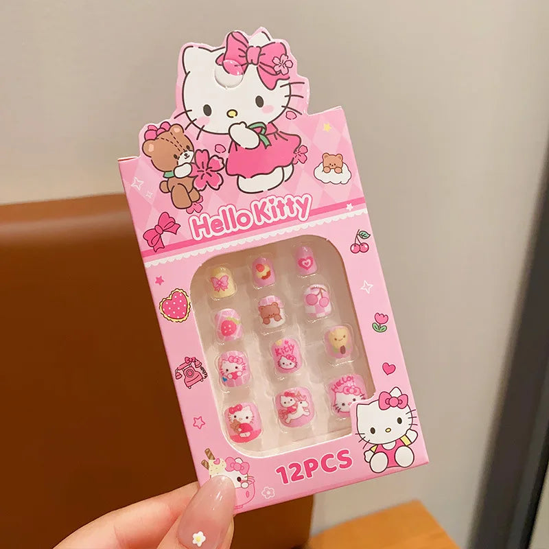 12pcs MINISO Children Press on False Nails Y2k Kawaii Cartoon Design Fake Nails Short Sqare Detachable Manicure Girls Gifts #DGL