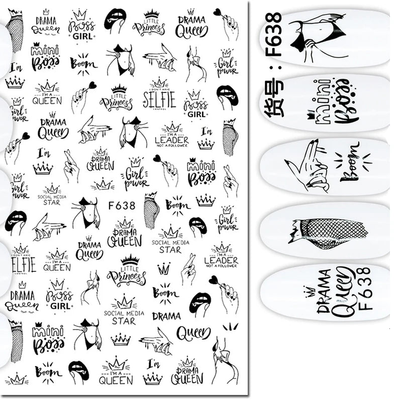 3D Nail Sticker – Tropische Blätter & Linien Design Schwarz & Weiß