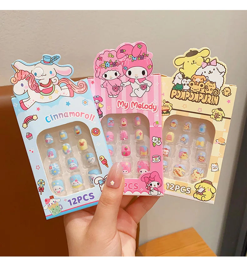 Sanrio Kinder Press-On Nägel – 12 Stück, Hello Kitty, Kuromi, Cartoon Design