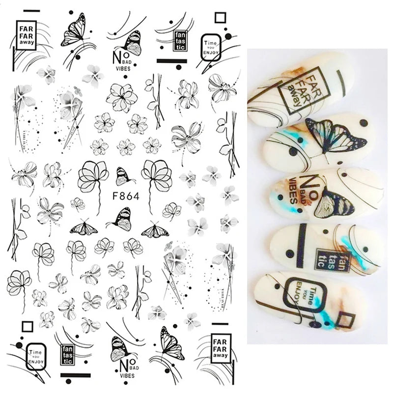 1PCS New 3D Devil's Eye Snake Nail Stickers Nail Art Decoration Black White Flowers Leaves Sticker Nail Art Decals Nail Parts