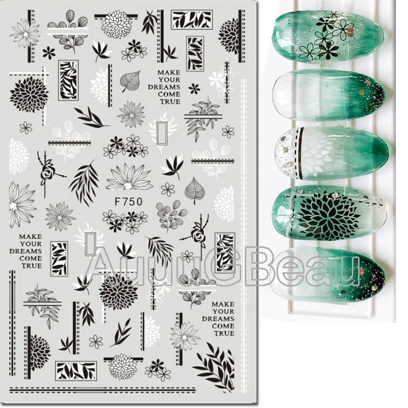 3D Nail Sticker – Tropische Blätter & Linien Design Schwarz & Weiß