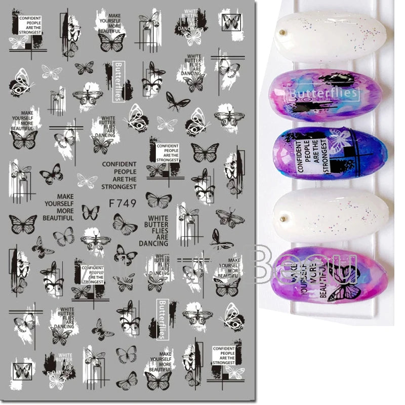 3D Nail Sticker – Tropische Blätter & Linien Design Schwarz & Weiß