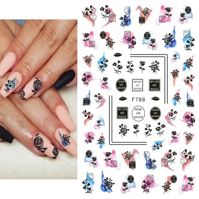 3D Nail Sticker – Tropische Blätter & Linien Design Schwarz & Weiß