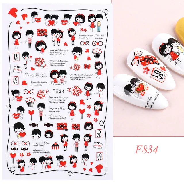 Love & Heart Valentine's Day Nail Stickers – Schwarz Weiß 3D Aufkleber