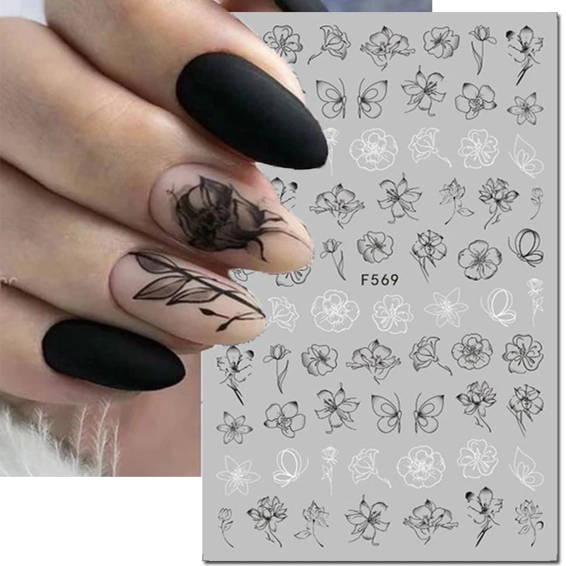 3D Nail Sticker – Tropische Blätter & Linien Design Schwarz & Weiß