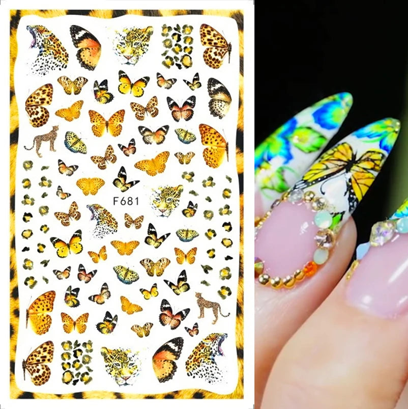 3D Nagelsticker Weißer Pflaumenblüten mit Goldperlen & Schmetterlingen