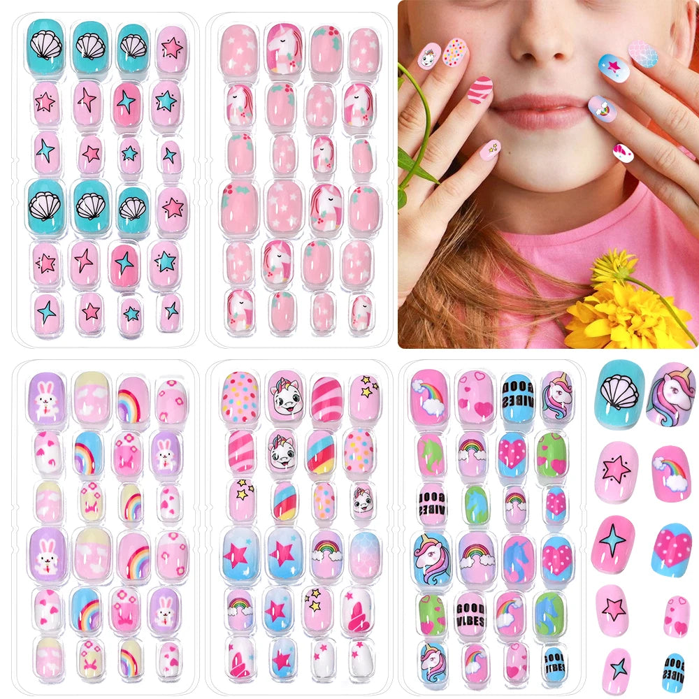 Kinder Press-On Nägel – 120 Stück Pink | Einhorn, Katze, Hase & Cartoon-Design