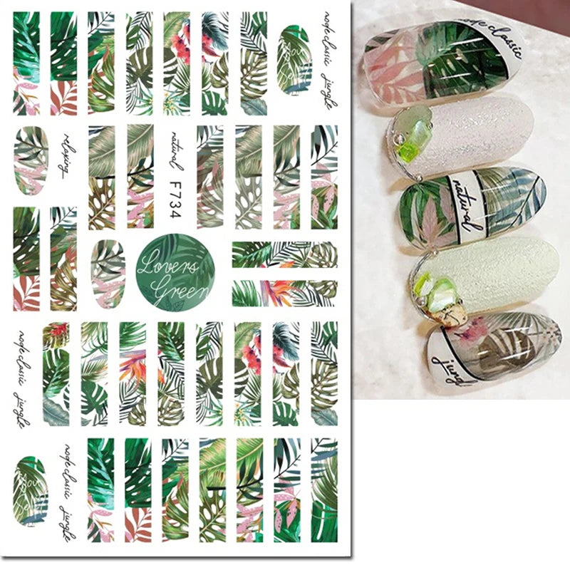 3D Nail Sticker – Tropische Blätter & Linien Design Schwarz & Weiß