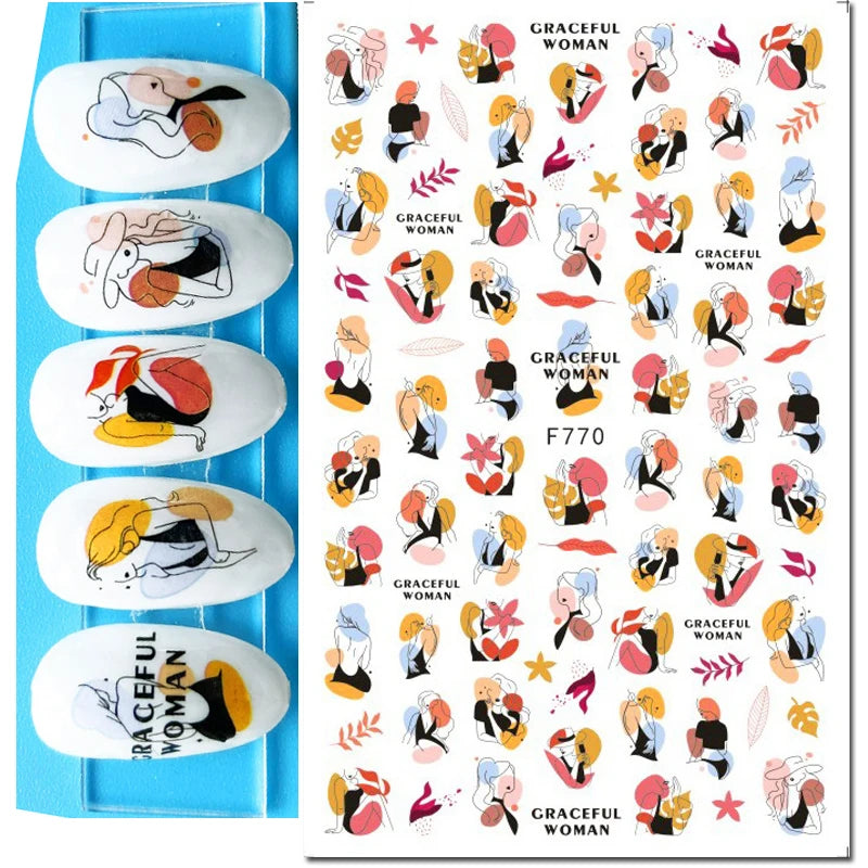 3D Nail Sticker – Tropische Blätter & Linien Design Schwarz & Weiß