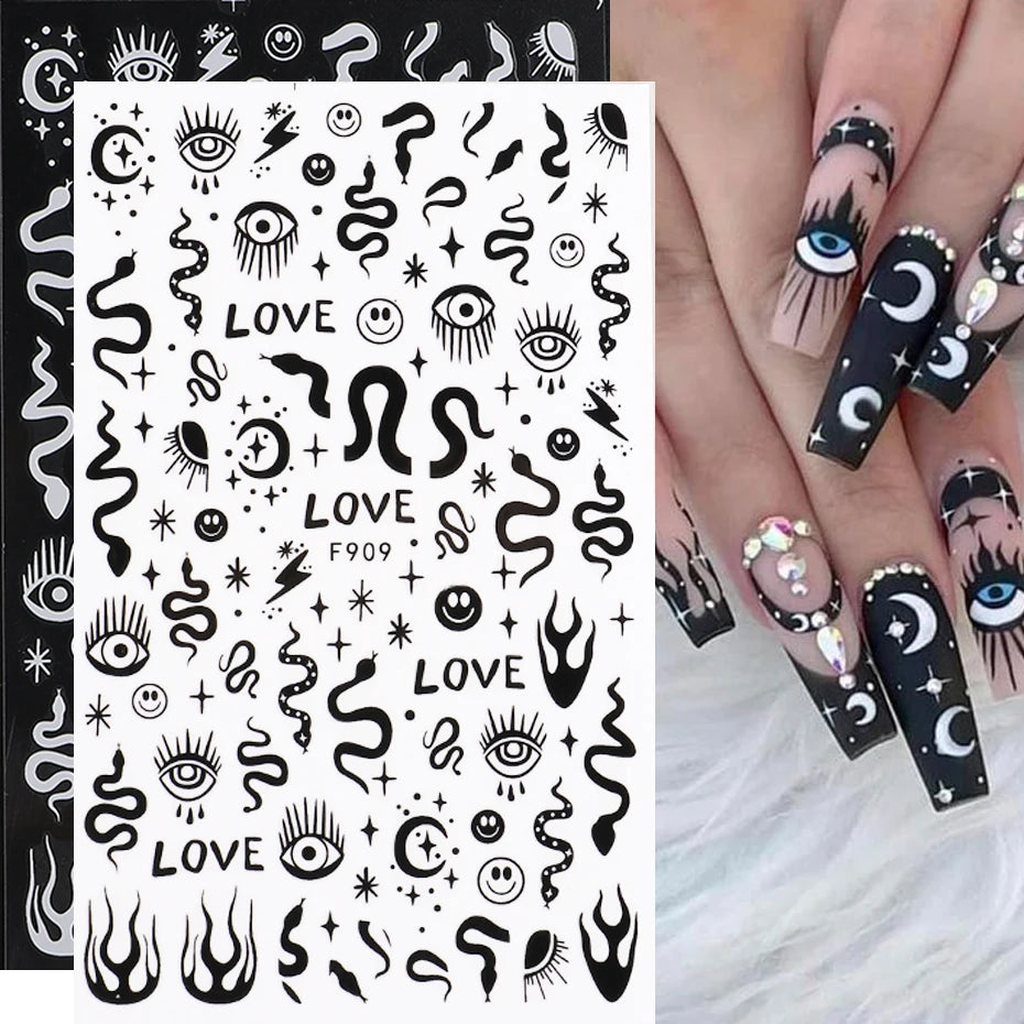 1PCS New 3D Devil's Eye Snake Nail Stickers Nail Art Decoration Black White Flowers Leaves Sticker Nail Art Decals Nail Parts