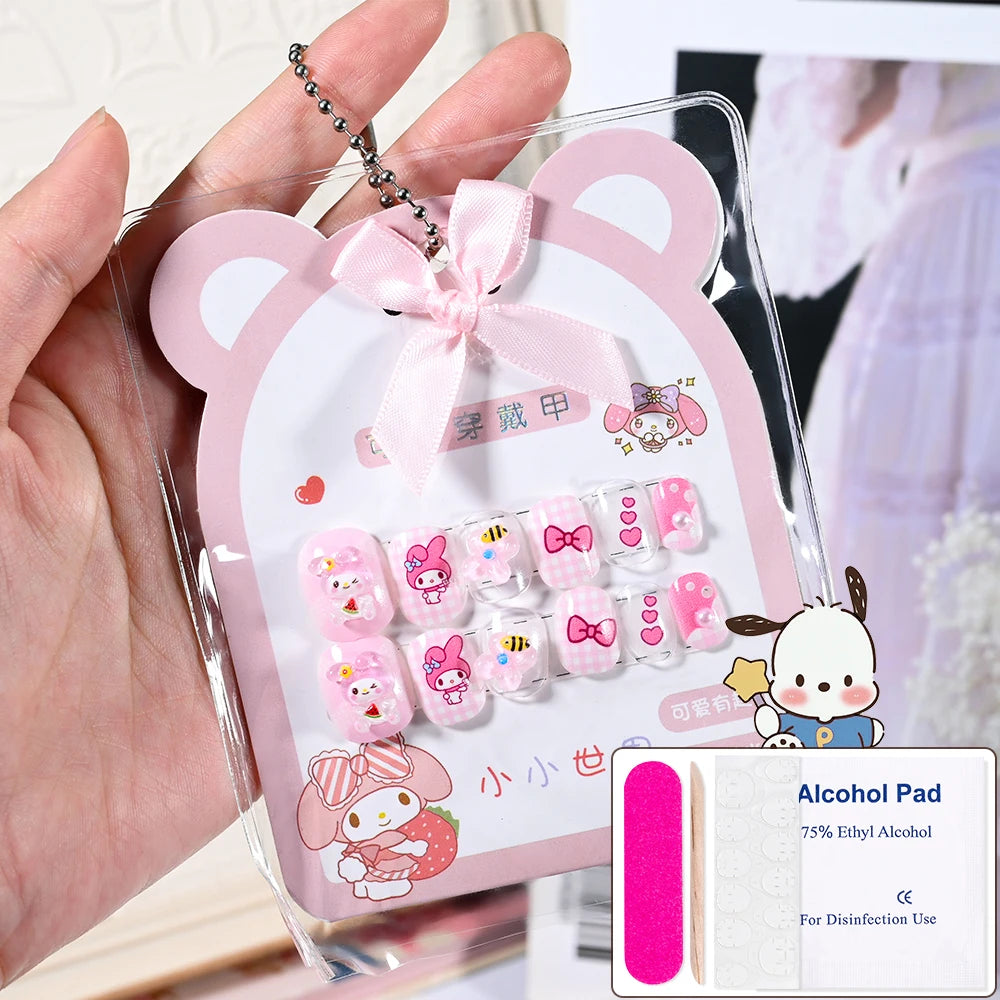 Sanrio Kinder Press-On Nägel – 12 Stück, Hello Kitty, Kuromi, Cartoon Design