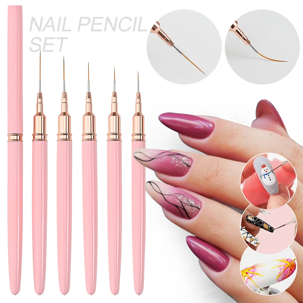 5er-Set Nail Art Liner Pinsel – Rosa, ultrafein für French & Linien (7/10/12/15/20mm)