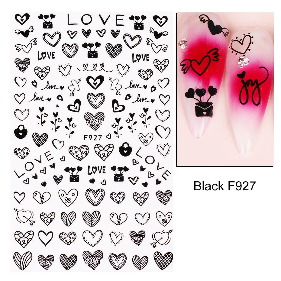 Love & Heart Valentine's Day Nail Stickers – Schwarz Weiß 3D Aufkleber